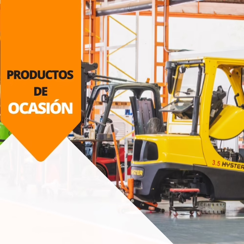 Banner de Productos de Ocasión de Europa elevación, empresa europea de Carretillas con un fondo que muestra varias carretillas elevadoras en un almacén. Destaca una carretilla elevadora amarilla Hyster 3.5 en primer plano, representando los productos disponibles en su catálogo.